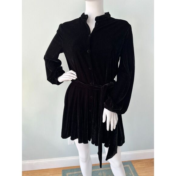 Zara Black Velvet Belted Balloon Sleeve Button Up Mini Dress size Medium - Picture 8 of 10